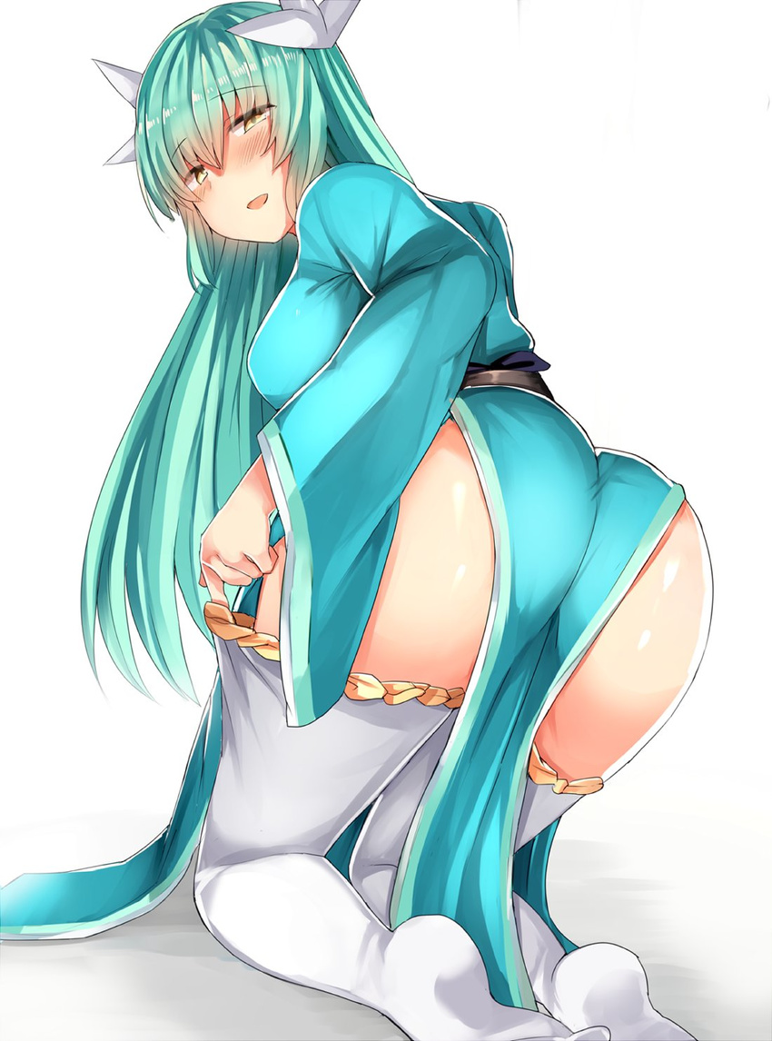 :d all_fours aqua_hair aqua_kimono ass bangs blush breasts brown_eyes commentary_request eyebrows_visible_through_hair fate/grand_order fate_(series) from_behind hair_between_eyes highres horns japanese_clothes kimono kiyohime_(fate/grand_order) large_breasts long_hair long_sleeves looking_at_viewer looking_back no_shoes obi open_mouth parted_lips sabujiroko sash simple_background smile solo thighhighs thighhighs_pull white_background white_legwear wide_sleeves