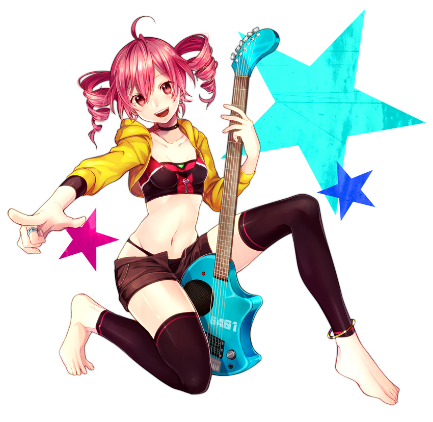 :d absurdres barefoot breasts cropped_jacket drill_hair eyebrows_visible_through_hair guitar hair_between_eyes highres hood instrument jewelry kasane_teto kneeling leg_warmers looking_at_viewer open_mouth pointing pointing_at_viewer red_eyes red_hair ring short_shorts shorts small_breasts smile solo thighhighs toudou_charo twin_drills twintails utau