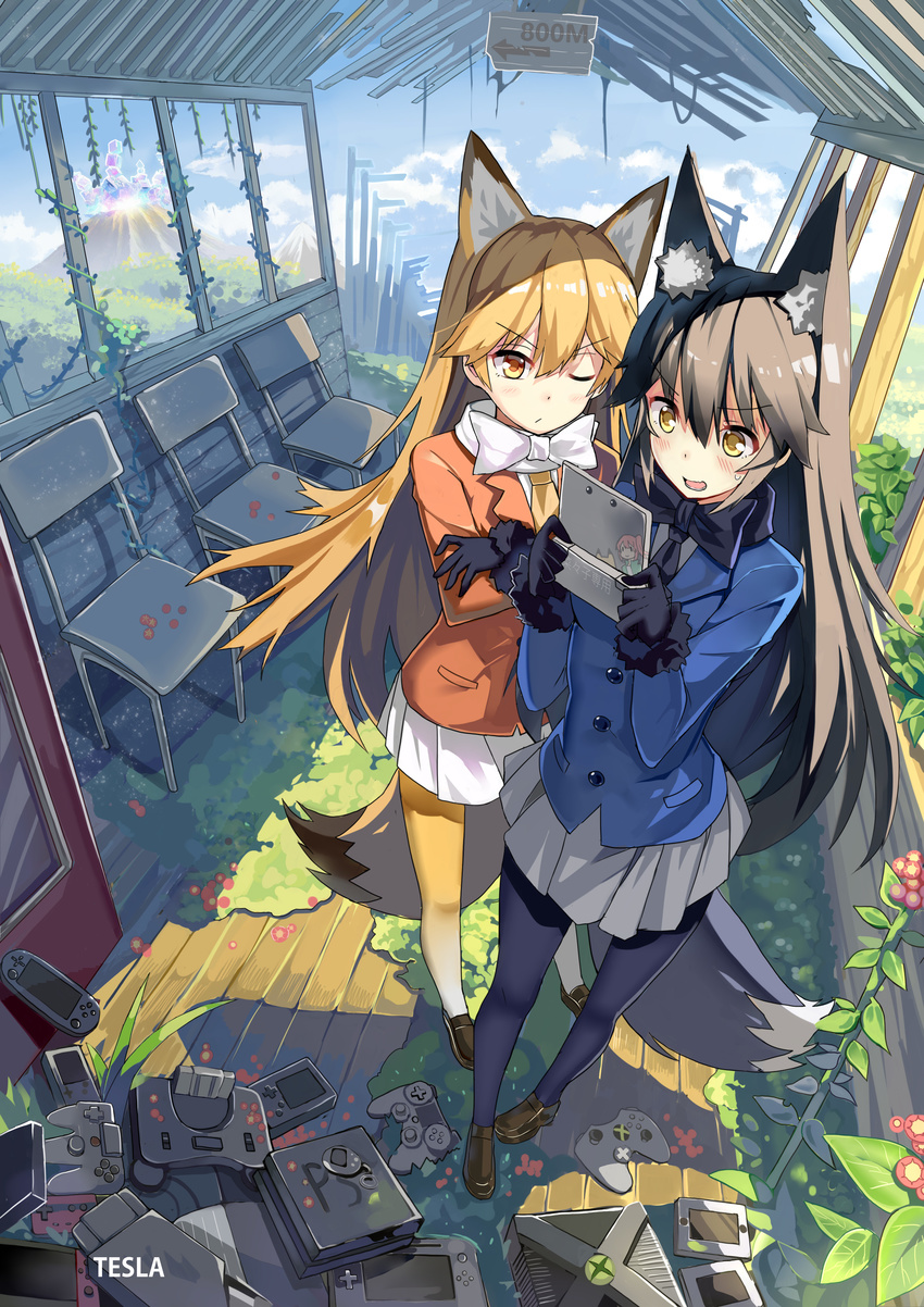 absurdres animal_ears black_bow black_gloves black_legwear black_neckwear blonde_hair blue_jacket blue_sky blush bow bowtie brown_footwear buttons cameo chair cloud controller crossed_arms day ezo_red_fox_(kemono_friends) fox_ears fox_tail from_above full_body fur_trim game_boy game_console game_controller gloves hair_between_eyes handheld_game_console highres ivy jacket kemono_friends long_hair long_sleeves multiple_girls nana_(kemono_friends) nintendo_3ds nintendo_switch orange_jacket overgrown pantyhose playing_games playstation_vita pleated_skirt qihai_lunpo ruins sandstar scenery shoes sign silver_fox_(kemono_friends) silver_hair skirt sky sweatdrop tail tamagotchi translated video_game white_bow white_neckwear wii_u xbox yellow_legwear