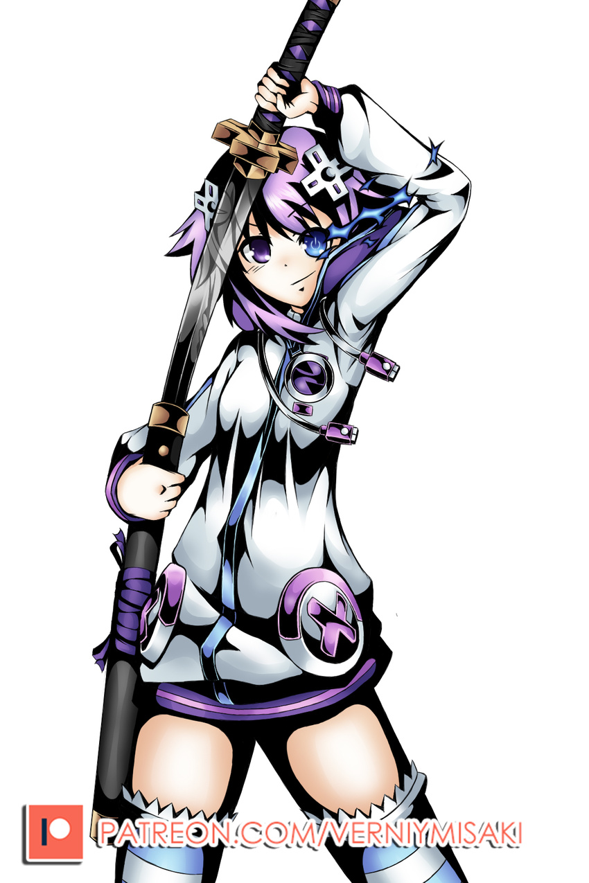 blue_eyes d-pad d-pad_hair_ornament hair_ornament hairclip heterochromia highres holding holding_sword holding_weapon hood hooded_jacket jacket looking_at_viewer neptune_(choujigen_game_neptune) neptune_(series) power_symbol purple_eyes purple_hair purple_heart short_hair smile solo striped striped_legwear sword symbol-shaped_pupils thighhighs verniy_misaki weapon white_background