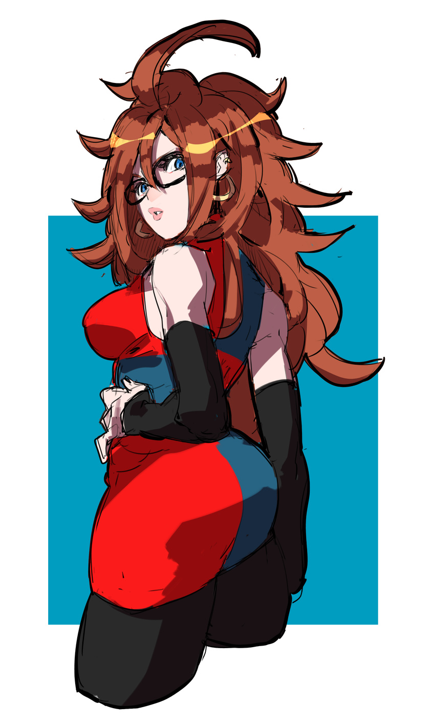 absurdres ahoge android_21 ass bare_shoulders black-framed_eyewear black_legwear blue_eyes breasts brown_hair checkered checkered_dress cropped_legs dragon_ball dragon_ball_fighterz dress earrings from_behind glasses hand_on_hip highres huge_ahoge jewelry lips long_hair looking_at_viewer makai medium_breasts messy_hair pantyhose puckered_lips short_dress solo