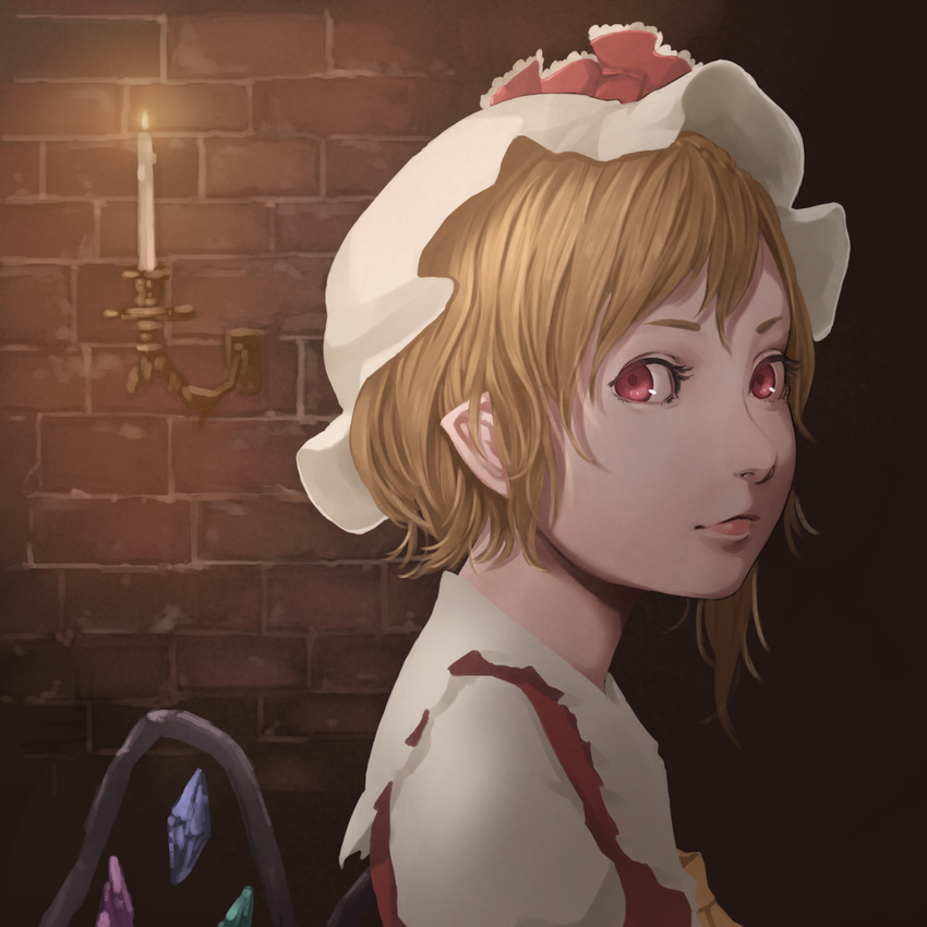 ascot blonde_hair brick_wall candle closed_mouth commentary_request crystal flandre_scarlet from_side hat hat_ribbon light_smile lips looking_at_viewer medium_hair mob_cap nagi_(xx001122) pointy_ears red_eyes ribbon shirt side_ponytail sideways_glance solo standing touhou upper_body vest white_shirt wings yellow_neckwear