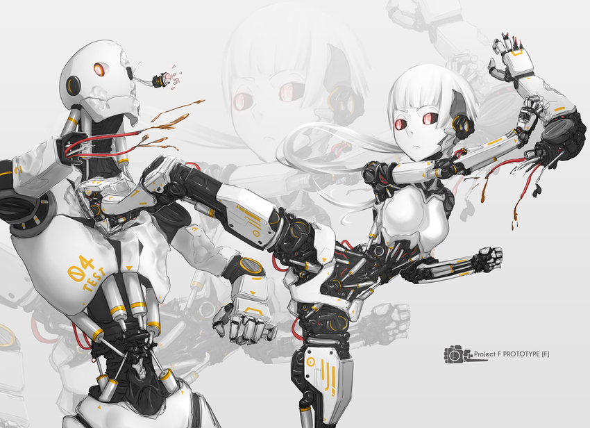 1girl action android battle black_sclera cable damaged dent duel kicking original parts_exposed pistons red_eyes robot robot_joints science_fiction short_hair simple_background tafuu_(tortafu) white_hair white_skin