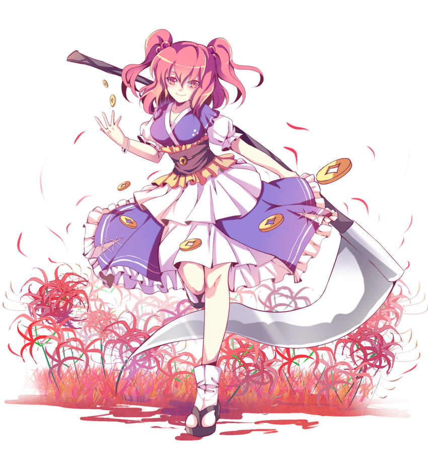 bangs blush breasts clog_sandals closed_mouth coin commentary flower full_body hair_bobbles hair_ornament highres japanese_clothes large_breasts looking_at_viewer nga_(artist) onozuka_komachi puffy_short_sleeves puffy_sleeves red_eyes red_hair scythe short_sleeves smile solo spider_lily standing tabi touhou two_side_up
