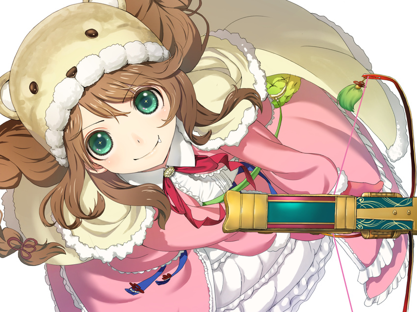 &gt;:) 1girl bangs bear_hat bow_(weapon) brown_hair capelet closed_mouth collared_dress commentary_request crossbow dress eyebrows_visible_through_hair fang fang_out frilled_skirt frills from_above fur_trim gloves green_eyes hat holding holding_weapon long_hair long_sleeves looking_at_viewer looking_up pink_dress pink_gloves seiken_manifestia shimejirou simple_background skirt smile solo star star-shaped_pupils symbol-shaped_pupils v-shaped_eyebrows weapon white_background