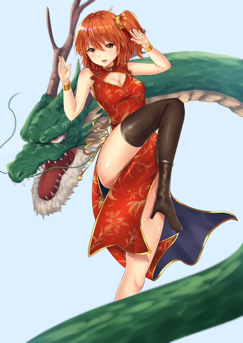 absurdres alternate_costume black_legwear breasts china_dress chinese_clothes cleavage dragon dress eastern_dragon fate/grand_order fate_(series) fujimaru_ritsuka_(female) high_heels highres horns medium_breasts open_mouth orange_eyes orange_hair phano_(125042) side_ponytail side_slit solo standing standing_on_one_leg teeth thighhighs thighs whiskers wristband