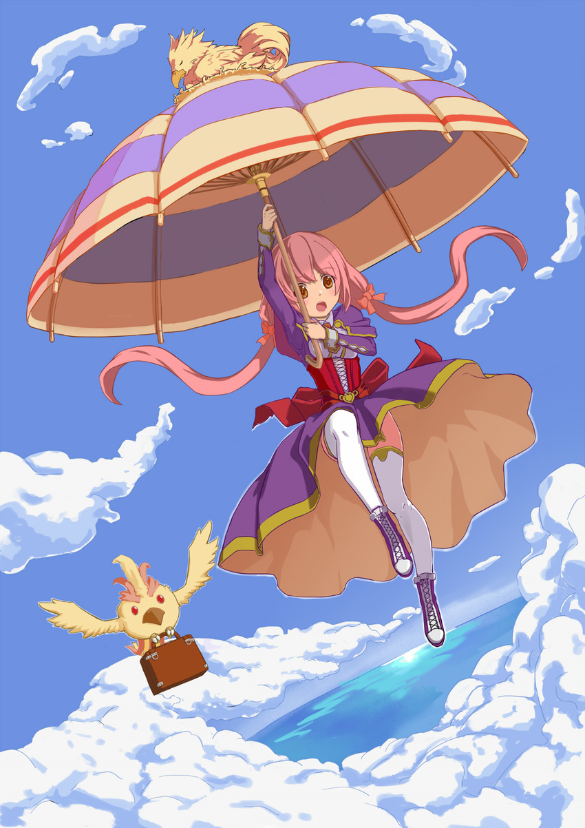 animal bird ccarrot cloud commentary_request day flying highres long_hair nest ocean original pink_hair sky solo twintails umbrella umbrella_riding yellow_eyes