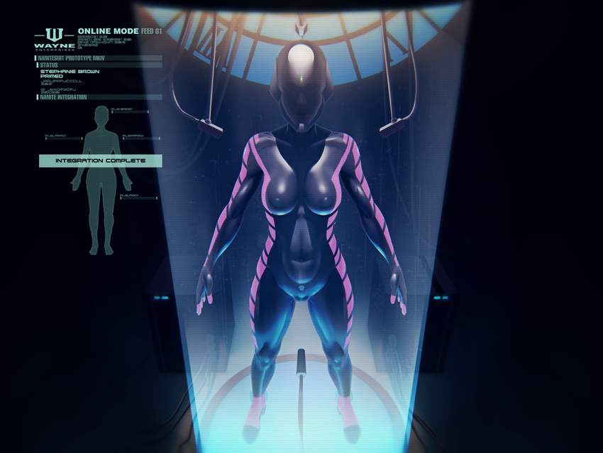bodysuit breasts cable covered_navel dc_comics english gag glowing helmet highres john_doe laboratory latex medium_breasts mind_control muscle muscular_female open_mouth ring_gag science_fiction skin_tight solo standing stephanie_brown transparent tube