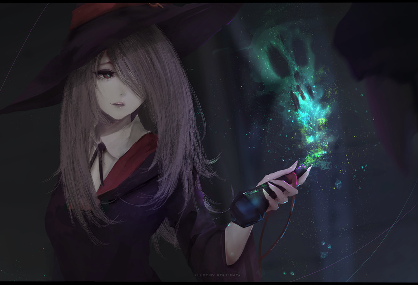 absurdres aoi_ogata artist_name black_hat black_ribbon brown_hair hair_over_one_eye hat hat_ribbon highres holding little_witch_academia long_hair neck_ribbon parted_lips red_eyes red_ribbon ribbon shirt solo standing sucy_manbavaran upper_body white_shirt witch_hat