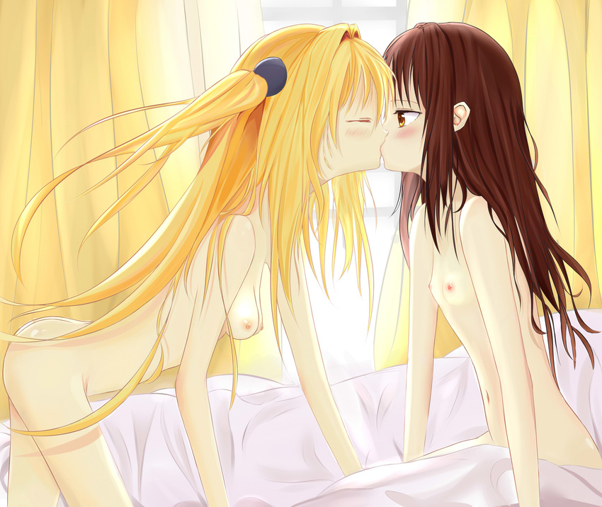 bad_anatomy blonde_hair blush breasts brown_hair closed_eyes curtains haaaaayu highres kiss konjiki_no_yami long_hair multiple_girls nude self_upload small_breasts to_love-ru twintails very_long_hair yuri yuuki_mikan