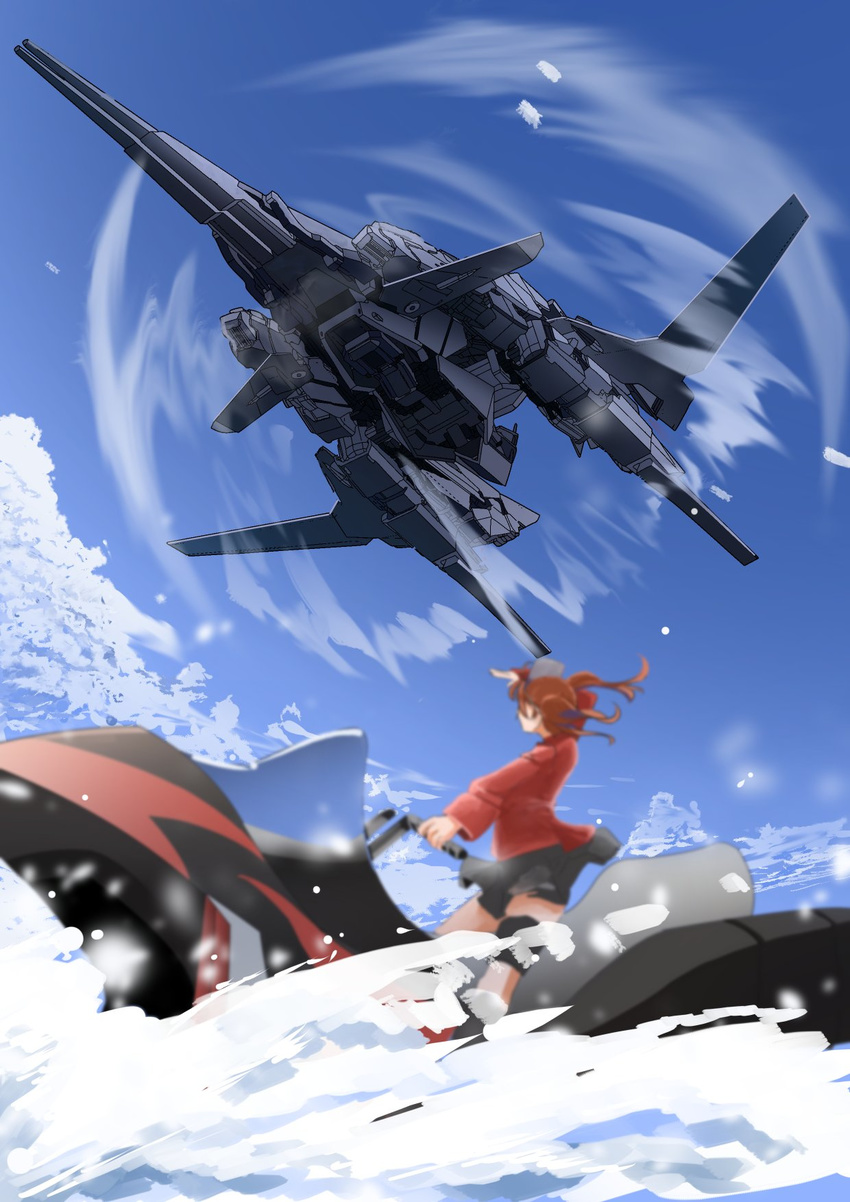 aircraft blue_sky brown_hair commentary_request day from_behind from_below gundam highres hitatsura japanese_clothes jet_ski kantai_collection kariginu mecha ryuujou_(kantai_collection) sky twintails zeta_plus