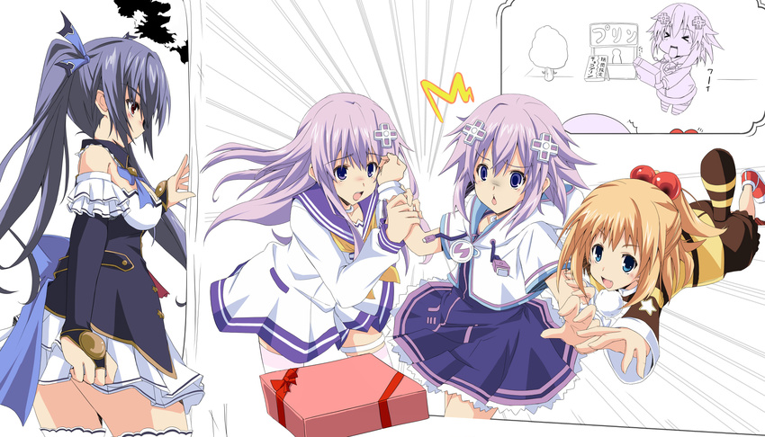 4girls black_hair blonde_hair blue_eyes multiple_girls nepgear neptune_(choujigen_game_neptune) neptune_(series) noire pish purple_hair red_eyes