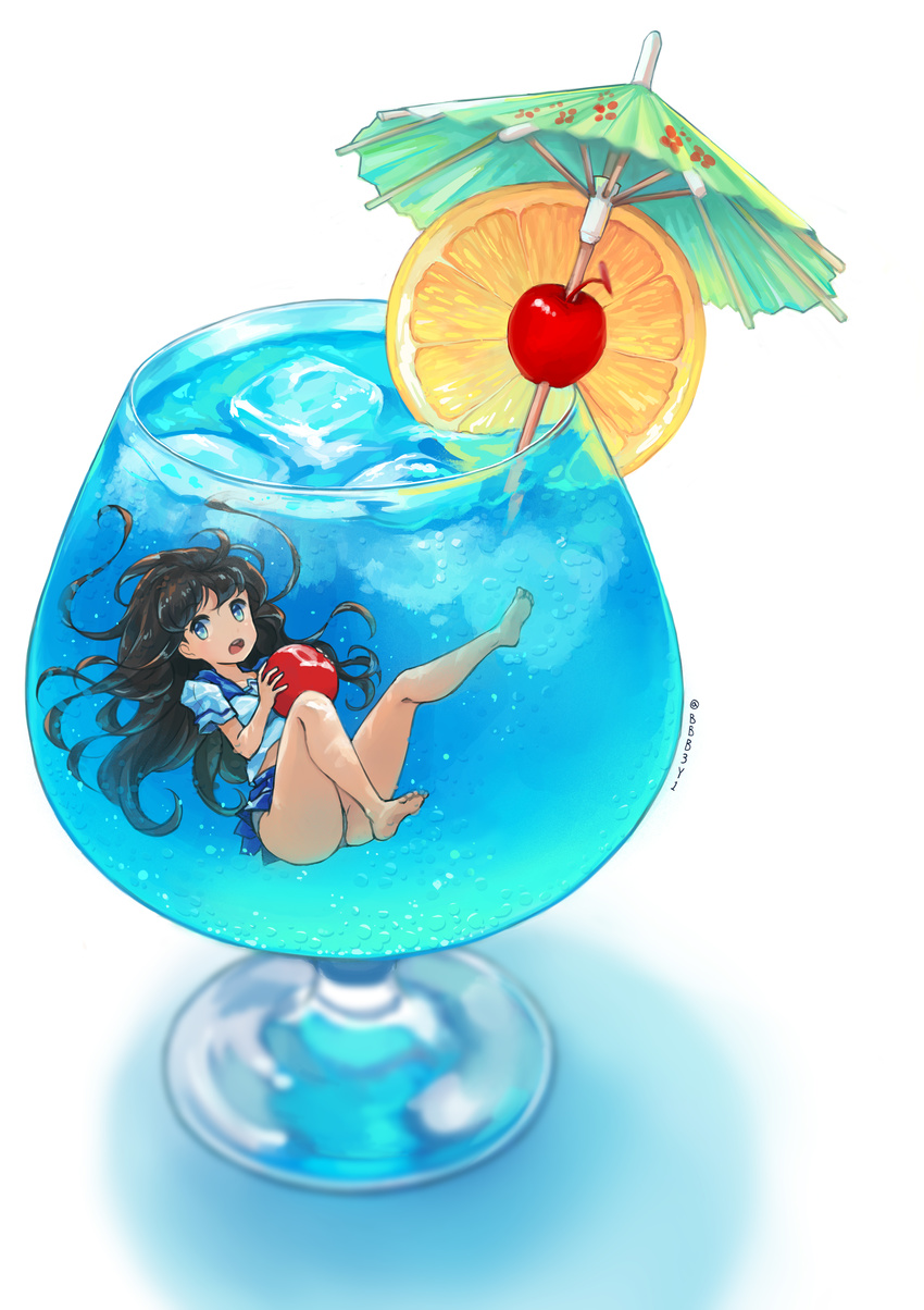 absurdres ass bad_id bad_pixiv_id barefoot black_hair blue_eyes blue_hawaii bolbbangbbang cherry cocktail cocktail_glass cocktail_umbrella commentary cup drink drinking_glass food fruit grey_panties highres ice ice_cube in_container in_cup legs lemon lemon_slice long_hair looking_at_viewer minigirl open_mouth original panties school_uniform serafuku solo submerged tropical_drink underwear very_long_hair