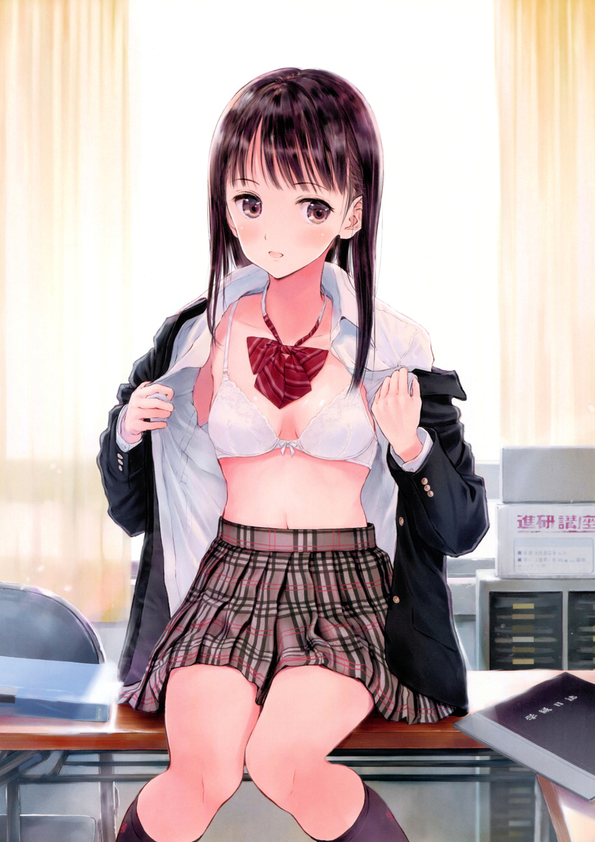 absurdres black_hair blazer blush bow bowtie bra breasts brown_eyes brown_hair desk fujita_hidetoshi highres indoors jacket kneehighs long_hair long_sleeves looking_at_viewer looking_to_the_side navel non-web_source on_desk open_clothes open_mouth open_shirt original plaid plaid_skirt pleated_skirt scan school_uniform shirt sitting sitting_on_desk skirt small_breasts smile solo underwear undressing white_bra