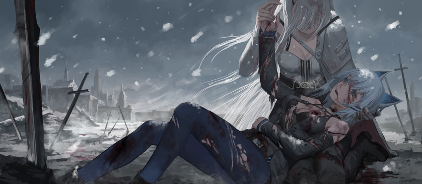 after_battle animal_ears aqua_hair arm_across_waist bangs bare_shoulders battlefield blood blood_on_face blood_on_ground bloody_clothes blue_eyes blue_legwear boots breasts cat_ears cleavage cloak commentary_request covered_face dying empty_eyes grey_sky hair_between_eyes hair_ornament hair_over_face hairclip highres holding_hand holding_head lap_pillow long_hair lying medium_breasts multiple_girls on_back original outdoors pixiv_fantasia pixiv_fantasia_revenge_of_the_darkness planted_sword planted_weapon silver_hair snow snowing sword torn_clothes weapon white_hair wind xukong