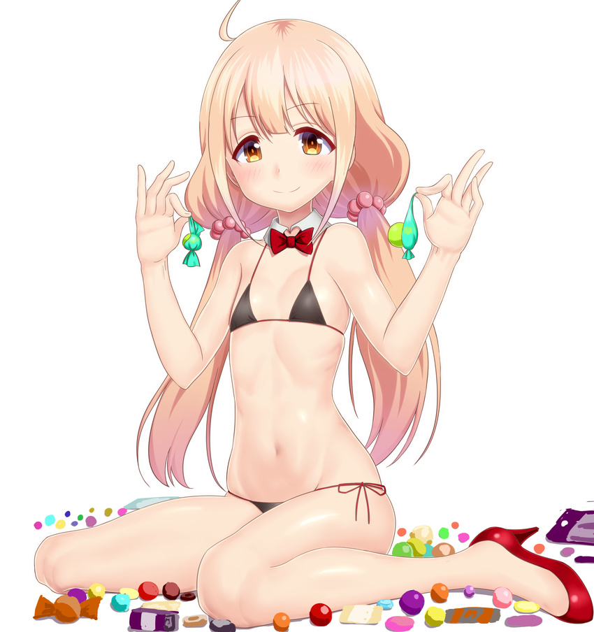 bangs bikini black_bikini blush candy closed_mouth commentary_request detached_collar eyebrows_visible_through_hair flat_chest food futaba_anzu hands_up high_heels highres holding holding_candy holding_food idolmaster idolmaster_cinderella_girls long_hair looking_at_viewer low_twintails navel red_footwear shoes side-tie_bikini simple_background sitting smile solo swimsuit taka_(takahirokun) tareme twintails wariza white_background