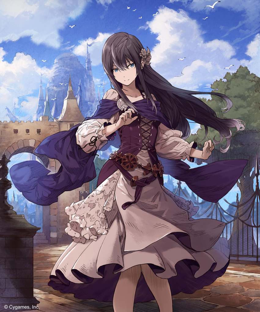 black_hair black_ribbon blue_eyes cloud cloudy_sky collarbone day dress ezusuke floating_hair flower grey_flower hair_flower hair_ornament highres long_hair looking_at_viewer outdoors ribbon shingeki_no_bahamut sky smile solo standing tree very_long_hair