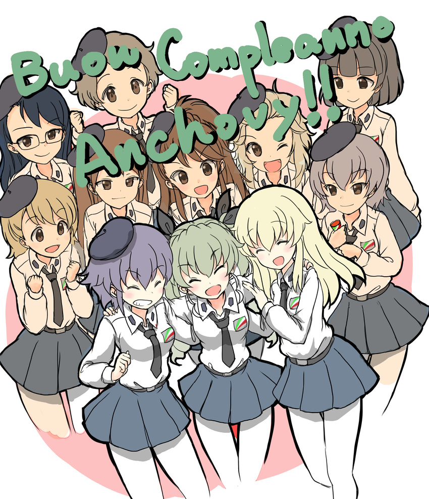 amaretto_(girls_und_panzer) anchovy anzio_school_uniform arm_around_shoulder bangs belt beret black_belt black_eyes black_hair black_hat black_neckwear black_skirt blonde_hair blunt_bangs braid brown_eyes carpaccio closed_mouth commentary_request cropped_legs dress_shirt drill_hair emblem extra eyebrows_visible_through_hair forehead gelato_(girls_und_panzer) girls_und_panzer glasses green_hair grin hat highres italian long_hair long_sleeves looking_at_another looking_at_viewer miniskirt multiple_girls necktie one_eye_closed one_side_up open_mouth panettone_(girls_und_panzer) pantyhose party_popper pepperoni_(girls_und_panzer) pleated_skirt red_eyes school_uniform shirt short_hair side-by-side side_braid skirt smile smirk translated twin_drills twintails w_arms wabiushi white_legwear white_shirt