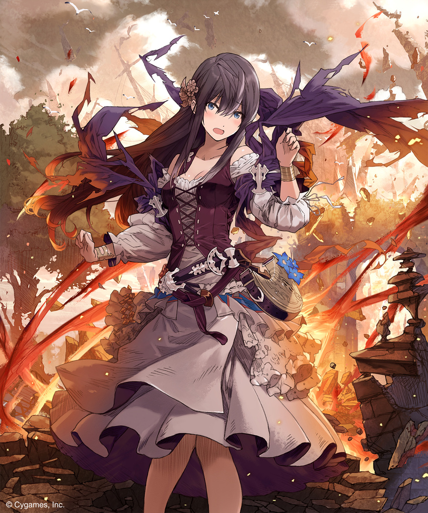 black_hair blue_eyes blush bracelet breasts capelet cleavage collarbone day dress eyebrows_visible_through_hair ezusuke fire floating_hair flower grey_dress grey_flower hair_between_eyes hair_flower hair_ornament highres jewelry long_hair looking_at_viewer medium_breasts open_mouth outdoors ruins shingeki_no_bahamut solo standing tree very_long_hair