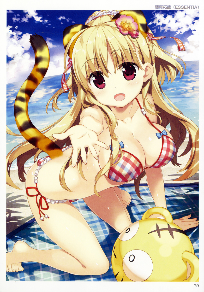 absurdres all_fours animal_ears arm_support artist_name bangs bare_legs bare_shoulders barefoot bikini blonde_hair breasts cleavage cloud collarbone day eyebrows_visible_through_hair fake_animal_ears flower fujima_takuya hair_flower hair_ornament highres kotora_(toranoana) long_hair looking_at_viewer medium_breasts open_mouth outdoors outstretched_arm red_eyes scan side-tie_bikini sky smile solo swimsuit tail tail_raised tiger_ears tiger_tail toranoana