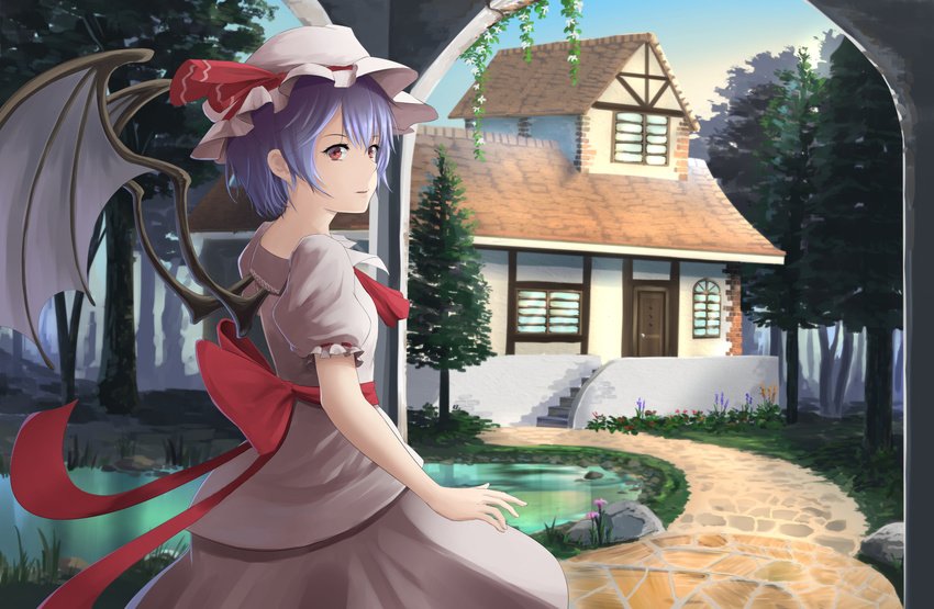 arch bat_wings blouse blue_hair blue_sky cobblestone cravat day expressionless flower forest grass hat hat_ribbon highres house looking_at_viewer mob_cap nature outdoors parted_lips pink_blouse pink_skirt pond puffy_short_sleeves puffy_sleeves red_eyes remilia_scarlet ribbon rock sash short_hair short_sleeves sideways_glance skirt skirt_set sky solo stairs stucco takeyoshi_(albizia) touhou walkway wings
