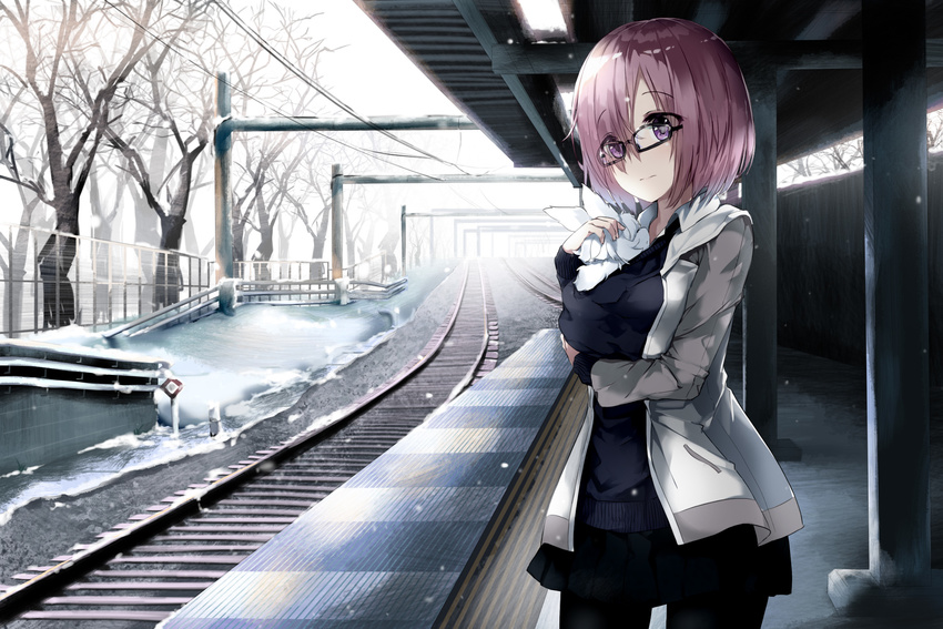 animal animal_in_clothes bangs black-framed_eyewear black_legwear black_skirt creature day eyebrows_visible_through_hair eyes_visible_through_hair fate/grand_order fate_(series) fou_(fate/grand_order) glasses hair_over_one_eye highres holding jacket lavender_hair long_sleeves looking_at_viewer mash_kyrielight niii_(memstapak) outdoors pantyhose pleated_skirt purple_eyes railroad_tracks short_hair skirt sky snow solo sweater train_station tree wing_collar winter