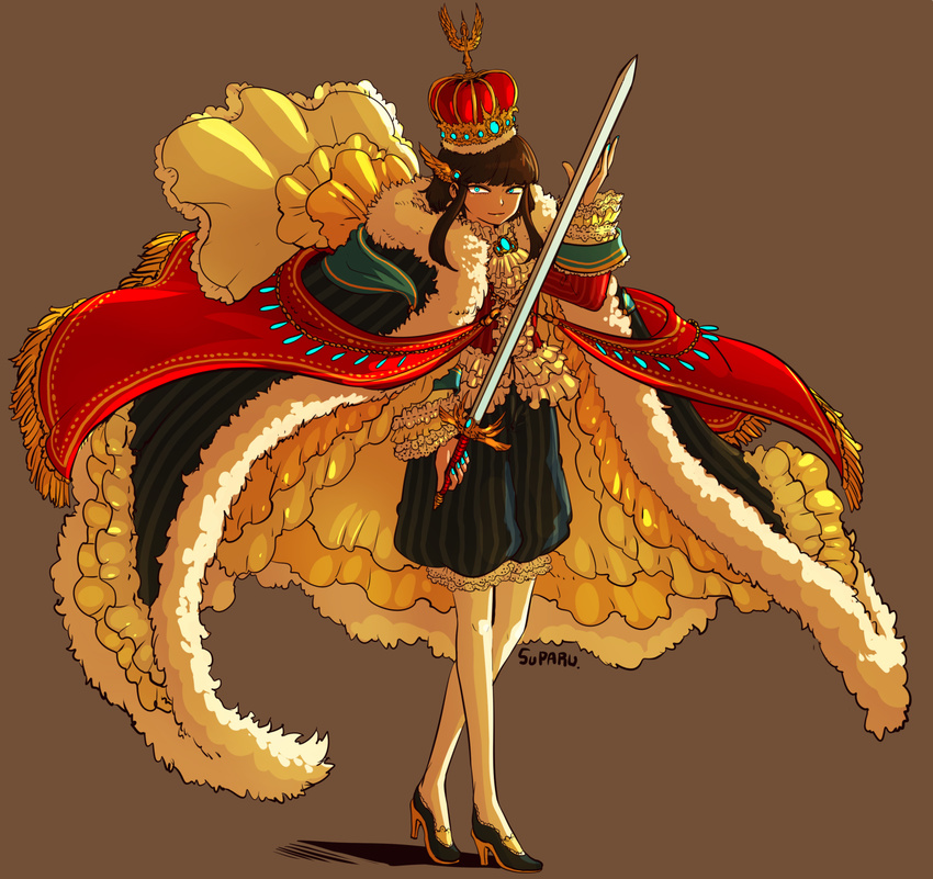 aqua_eyes aqua_nails artist_name ascot bangs blunt_bangs brooch brown_background brown_hair cape center_frills cravat crown dragon_poker fingernails frilled_shirt frills fringe_trim full_body fur-trimmed_cape fur_trim hand_on_sword hand_up headgear high_heels highres holding holding_sword holding_weapon jewelry lace-trimmed_shorts lace-trimmed_sleeves layered_clothing long_sleeves looking_at_viewer male_focus nail_polish narrowed_eyes otoko_no_ko pantyhose puffy_shorts shirt shorts sidelocks signature simple_background smirk solo standing striped suparu_(detteiu) sword too_many too_many_frills vertical-striped_shorts vertical_stripes walking weapon white_legwear wing_hair_ornament winged_sword