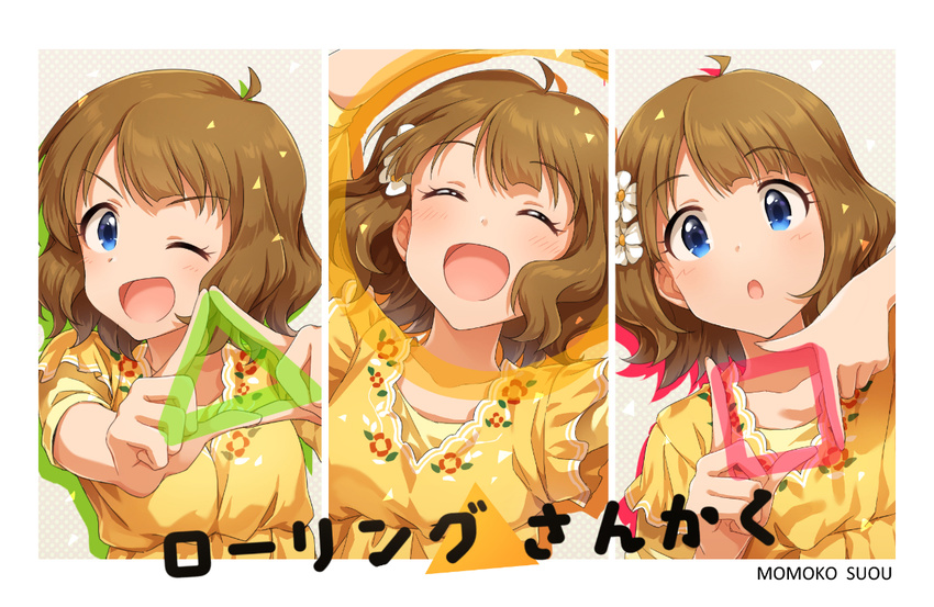 :d :o ;d ^_^ ahoge arms_up blue_eyes blush brown_hair character_name circle closed_eyes floral_print flower hair_flower hair_ornament idolmaster idolmaster_million_live! looking_at_viewer multiple_views one_eye_closed open_mouth outstretched_arms polka_dot polka_dot_background shapes short_hair silhouette smile square suou_momoko translated triangle upper_body v-shaped_eyebrows zattape