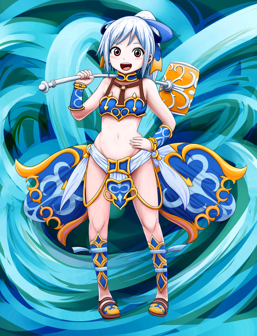 :d armor bangs bare_shoulders bikini_armor blue blue_armor blue_background blue_choker blue_footwear blue_hair blue_ribbon blush bracer breasts choker crop_top flat_chest full_body greaves groin hair_ribbon hammer hand_on_hip happy high_ponytail highres holding holding_hammer holding_weapon legs_apart loincloth long_hair looking_at_viewer meru_(dragoon) midriff navel o-ring o-ring_top open_mouth over_shoulder raised_eyebrows red_eyes ribbon risutokuri shoes showgirl_skirt sidelocks slippers small_breasts smile solo standing tareme tassel teeth the_legend_of_dragoon tongue weapon weapon_over_shoulder