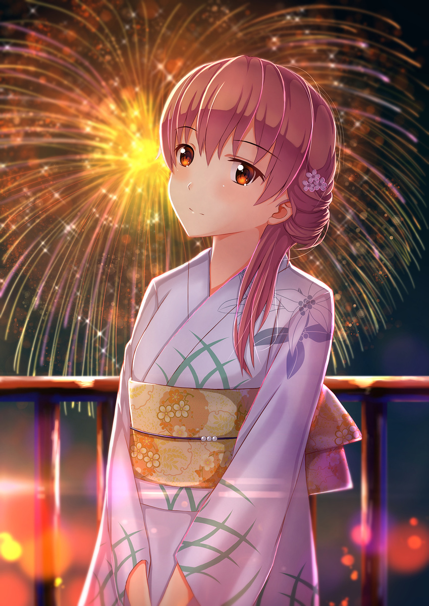 aerial_fireworks bangs blush brown_eyes brown_hair closed_mouth cowboy_shot eyebrows_visible_through_hair firework_background fireworks flower hair_flower hair_ornament head_tilt highres japanese_clothes kimono koe_no_katachi long_hair looking_at_viewer night nishimiya_shouko obi railing sash sion005 smile v_arms yukata