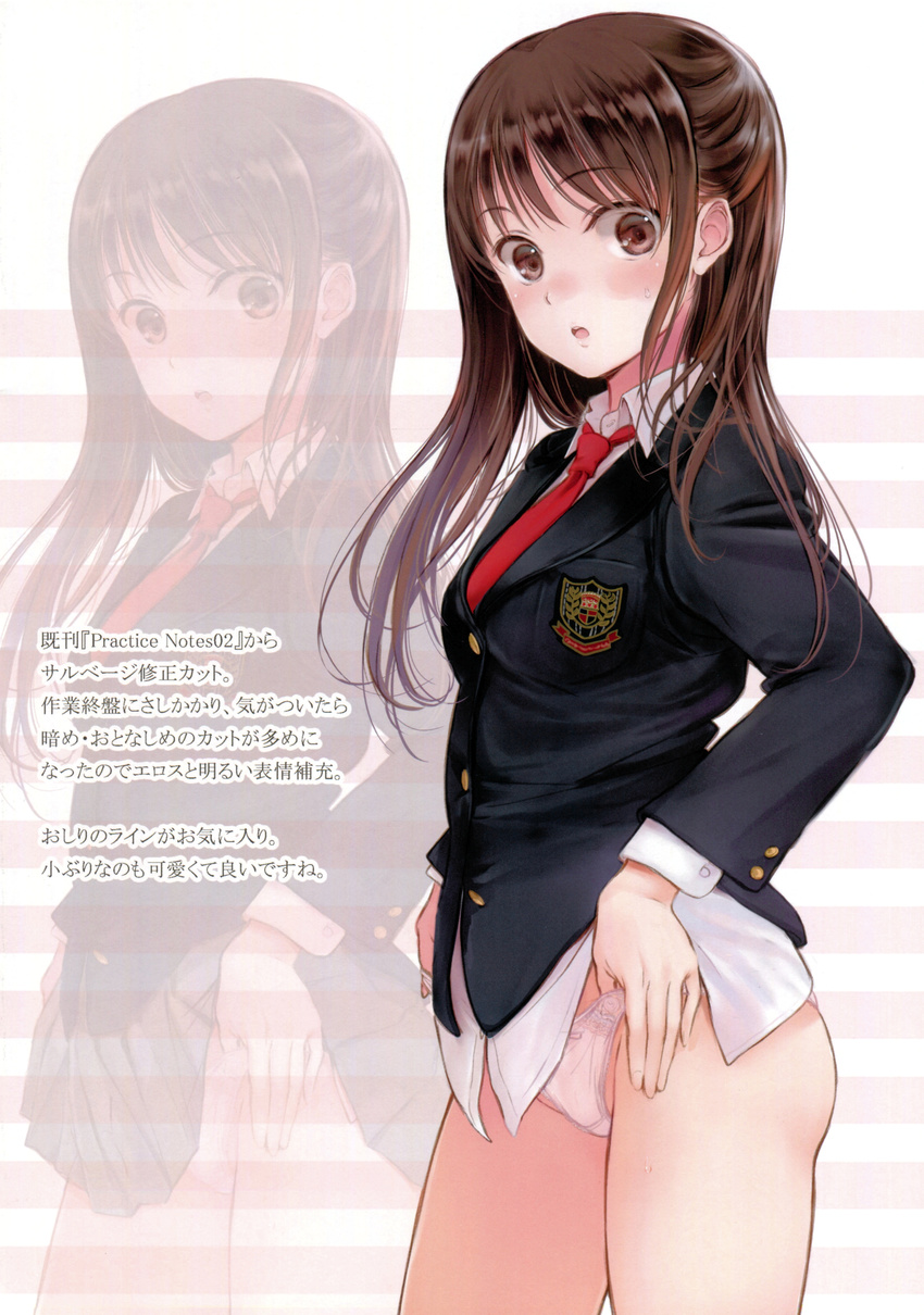 absurdres blazer brown_eyes brown_hair contrapposto cowboy_shot eyebrows_visible_through_hair from_side fujita_hidetoshi highres jacket long_hair looking_at_viewer necktie no_pants non-web_source original panties parted_lips scan solo standing surprised sweatdrop translation_request underwear wide-eyed zoom_layer