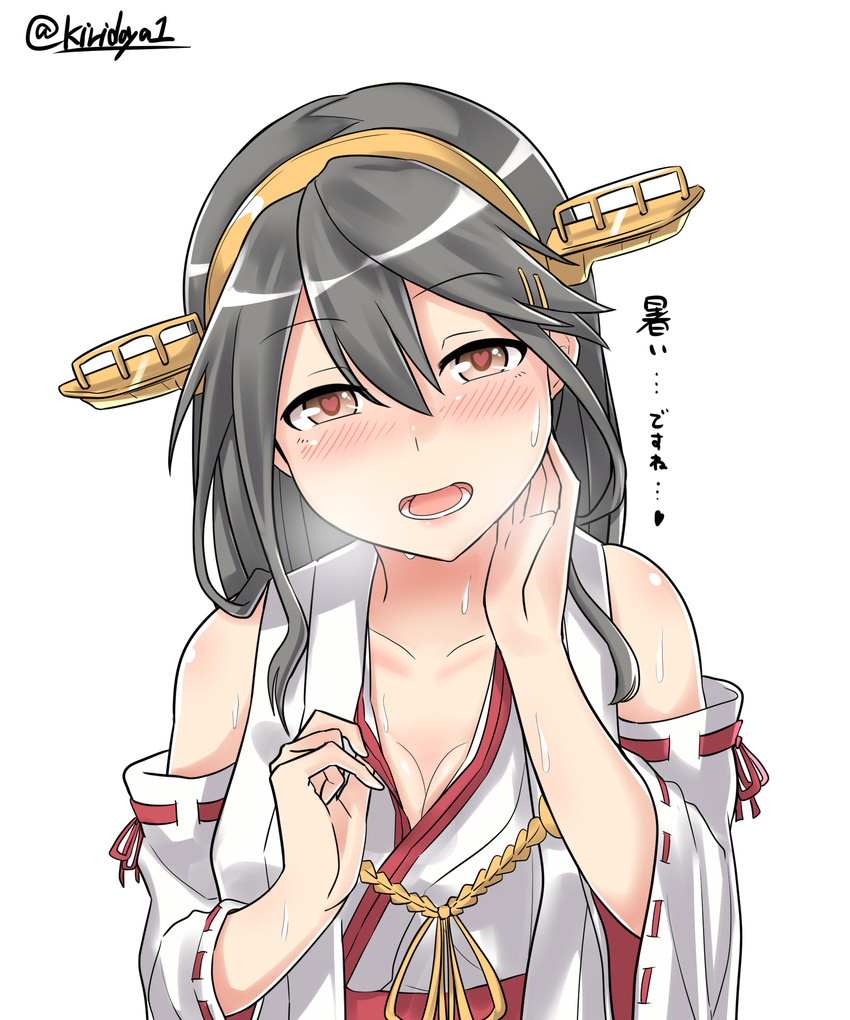 absurdres bare_shoulders breasts brown_eyes cleavage grey_hair haruna_(kantai_collection) heart heart_in_eye highres kantai_collection kiritto looking_at_viewer medium_breasts naughty_face nontraditional_miko open_mouth remodel_(kantai_collection) simple_background sweat sweatdrop symbol_in_eye translation_request twitter_username white_background