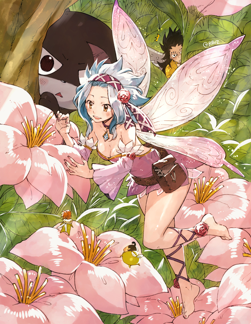 1girl barefoot blue_hair blush breasts cat cleavage collarbone detached_sleeves fairy fairy_tail fairy_wings flower gajeel_redfox hetero highres jewelry levy_mcgarden medium_breasts miniboy minigirl necklace peeking_out rusky wings yellow_eyes