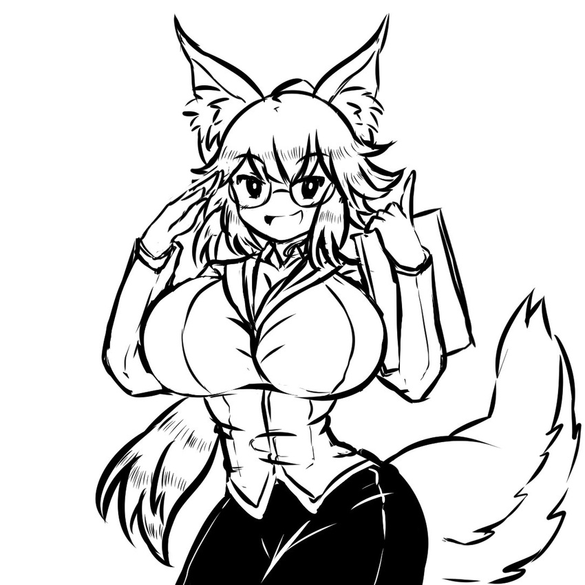 alternate_breast_size animal_ears breasts cleavage fate/extra fate_(series) fox_ears fox_tail glasses greyscale huge_breasts impossible_clothes impossible_shirt invader long_ponytail looking_at_viewer monochrome ponytail shirt skirt tail tamamo_(fate)_(all) tamamo_no_mae_(fate)