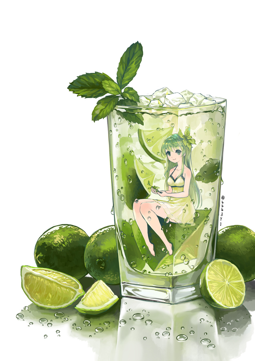 absurdres bad_id bad_pixiv_id bangs barefoot bolbbangbbang breasts commentary condensation cup dress drink drinking_glass food fruit green_dress green_eyes green_hair hair_ornament highres ice ice_cube in_container leaf_hair_ornament lime_(fruit) lime_slice long_hair looking_at_viewer medium_breasts minigirl mint mojito original reflection sitting sleeveless sleeveless_dress smile solo submerged sundress twitter_username water_drop