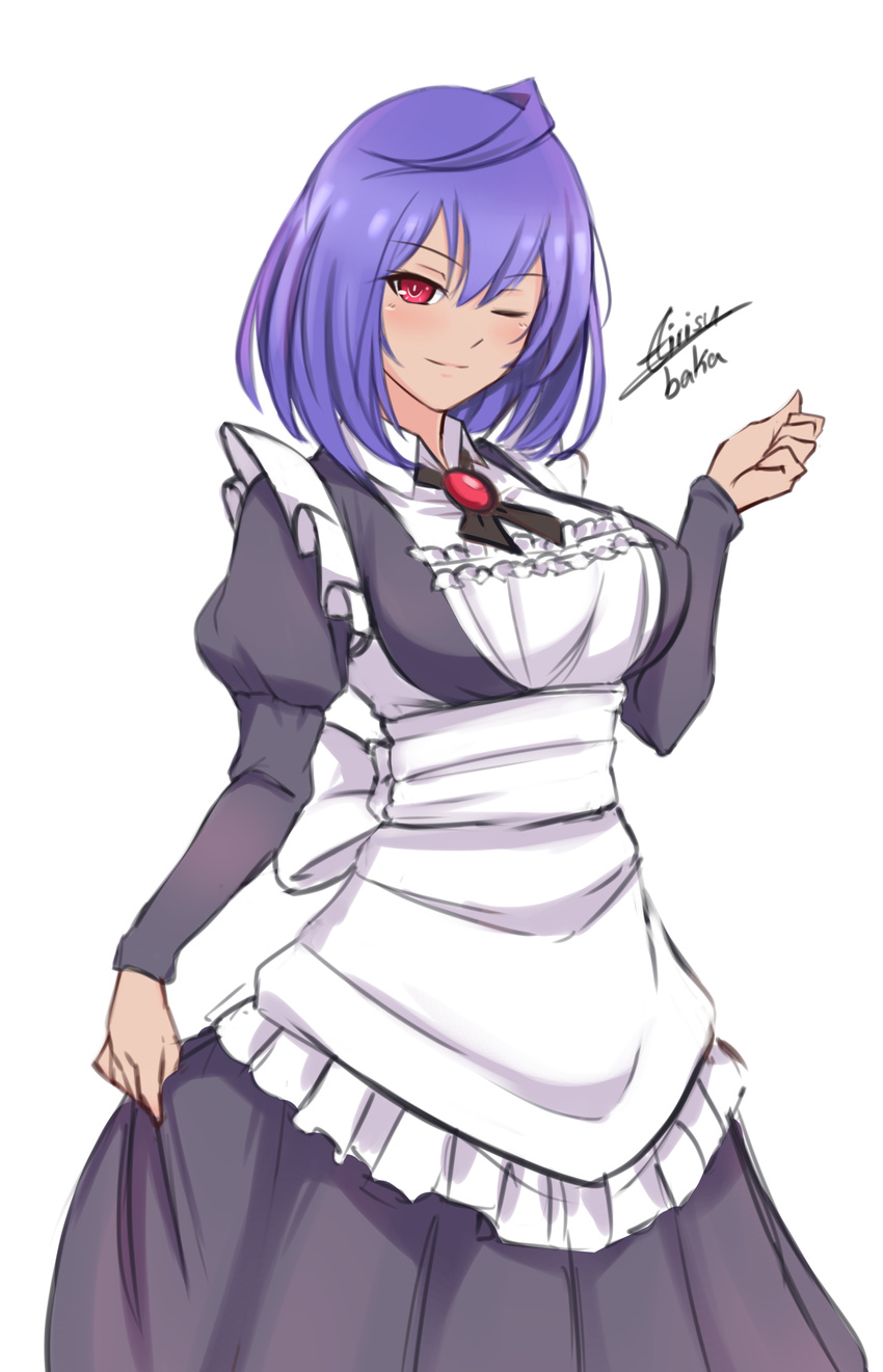 absurdres airisubaka alternate_hair_length alternate_hairstyle apron artist_name blue_hair blush breasts cowboy_shot detached_collar highres iris_heart kami_jigen_game_neptune_v large_breasts looking_at_viewer maid medium_hair neptune_(series) one_eye_closed power_symbol red_eyes short_hair simple_background smile symbol-shaped_pupils white_background