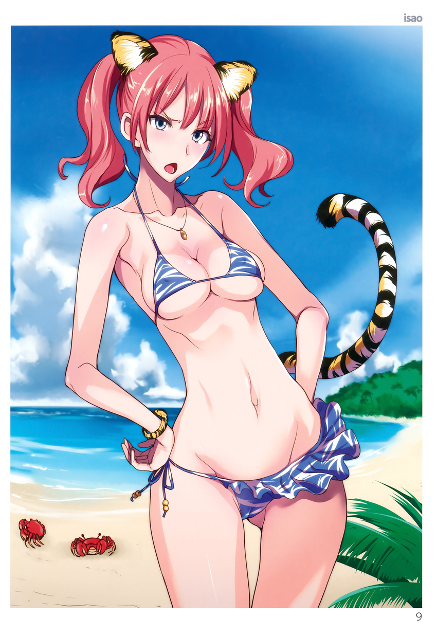 absurdres animal_ears artist_name ass_visible_through_thighs bangs bare_legs bare_shoulders beach bikini blue_eyes bracelet breasts cameltoe cloud collarbone crab day eyebrows_visible_through_hair hand_on_hip highres isao jewelry looking_at_viewer medium_breasts navel necklace open_mouth outdoors red_hair sand scan side-tie_bikini sky solo swimsuit tail tail_raised tiger_ears tiger_tail toranoana twintails
