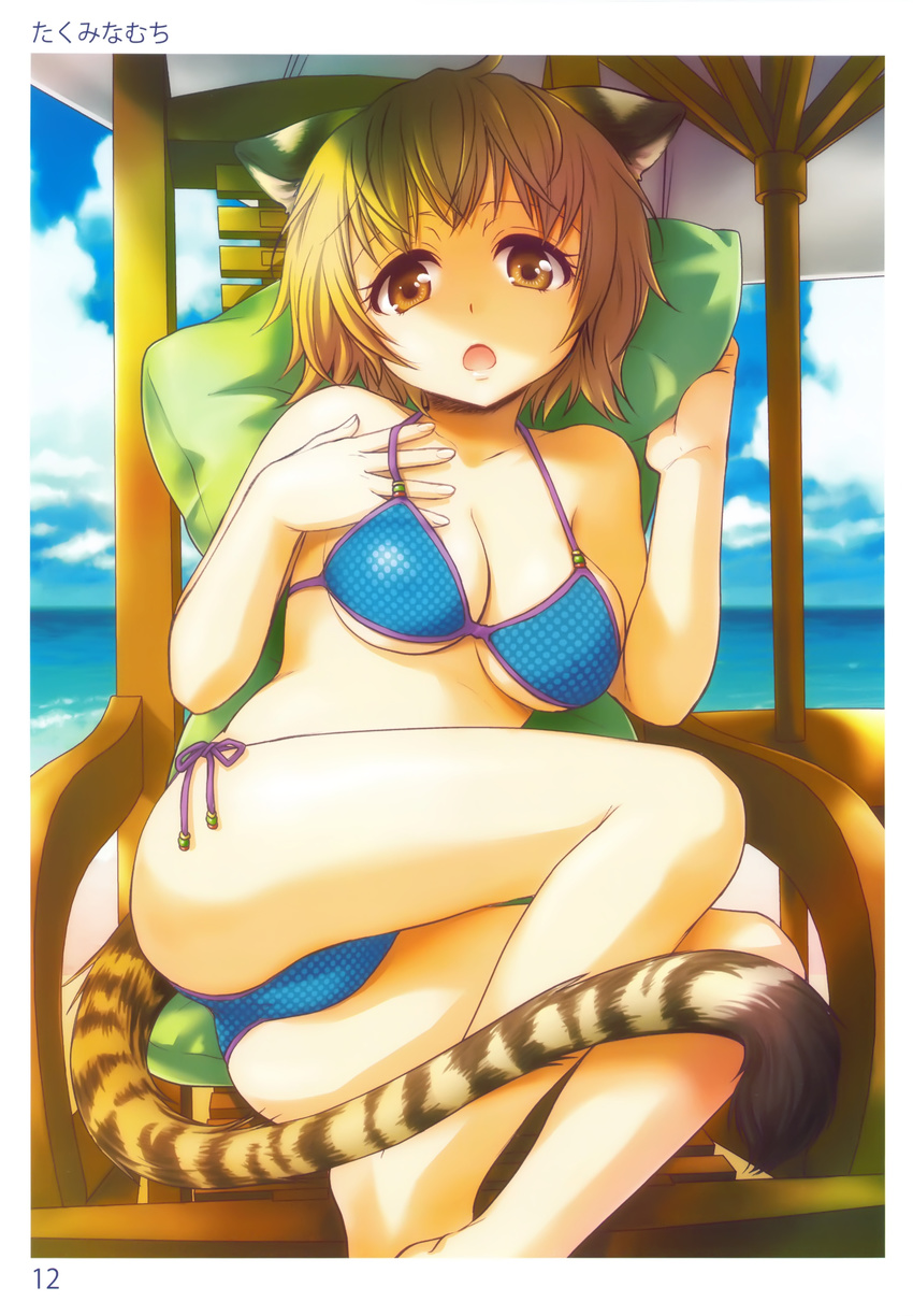 absurdres animal_ears artist_name ass bangs bare_legs bare_shoulders barefoot beach_chair beach_umbrella bikini breasts brown_eyes brown_hair cat_ears cat_tail cleavage cloud collarbone day highres looking_at_viewer medium_breasts ocean open_mouth outdoors pillow scan short_hair side-tie_bikini sky solo swimsuit tail takumi_namuchi tiger_ears tiger_tail toranoana umbrella water