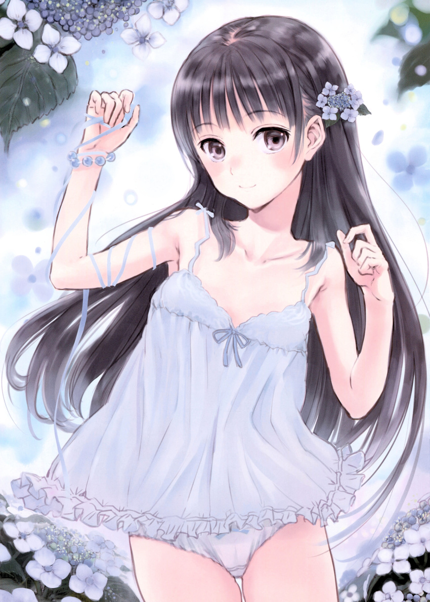 absurdres bare_arms bare_shoulders black_eyes black_hair bow bow_panties bracelet camisole closed_mouth collarbone cowboy_shot eyebrows_visible_through_hair flat_chest flower fujita_hidetoshi hair_flower hair_ornament highres hydrangea jewelry long_hair looking_at_viewer lying non-web_source on_back original outdoors panties ribbon scan sleeveless smile snow solo underwear underwear_only white_panties
