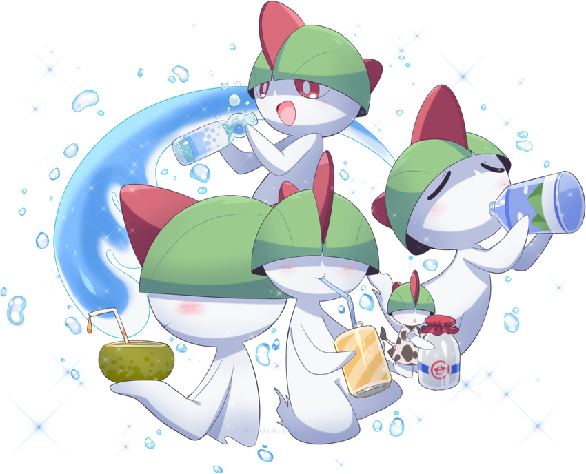 animal_print bad_id bad_pixiv_id blush bottle bringthanoise closed_eyes coconut cow_print drinking drinking_straw fruit_cup gen_3_pokemon highres milk milk_bottle no_humans open_mouth pokemon pokemon_(creature) ralts ramune red_eyes smile twitter_username water_bottle