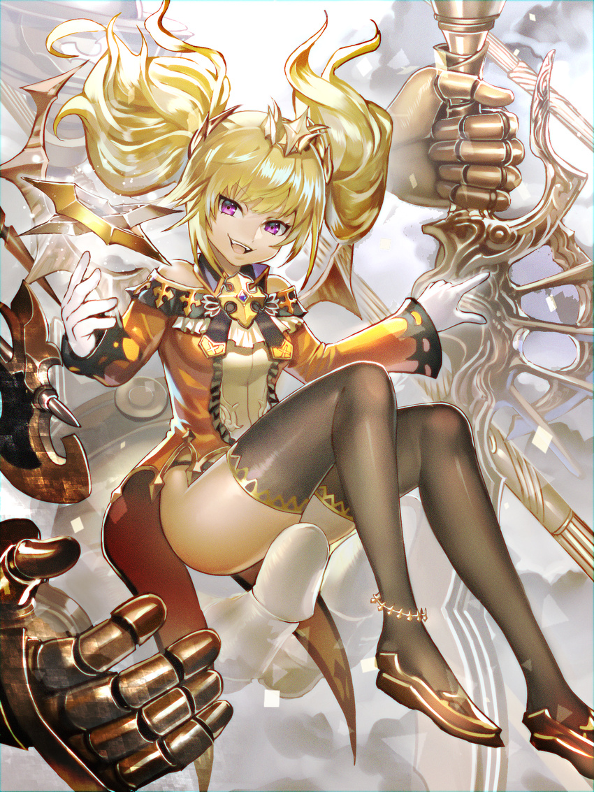 anklet bangs bare_shoulders black_panties blonde_hair crown evil_smile fangs feet_out_of_frame gloves hands highres isaroishin jewelry looking_at_viewer mecha military_jacket mini_crown no_pants open_mouth original panties purple_eyes sitting sitting_on_hand smile solo thighhighs twintails underwear weapon white_gloves