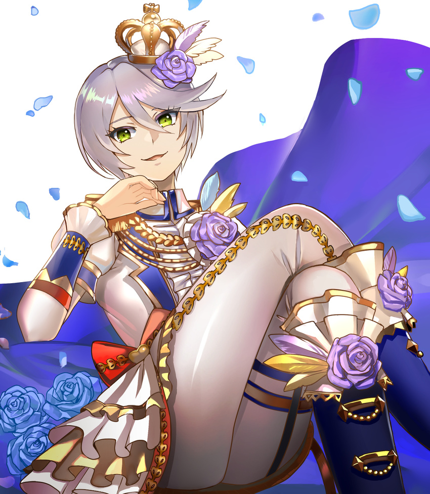 aiguillette androgynous bad_id bad_pixiv_id bangs blue_flower blue_rose boots crossed_legs crown epaulettes feathers flower green_eyes hair_between_eyes hair_feathers hair_flower hair_ornament highres isaroishin looking_at_viewer military military_uniform mini_crown pants parted_lips petals pretty_(series) pripara rose shikyouin_hibiki short_hair silver_hair sitting smile smug solo swept_bangs uniform