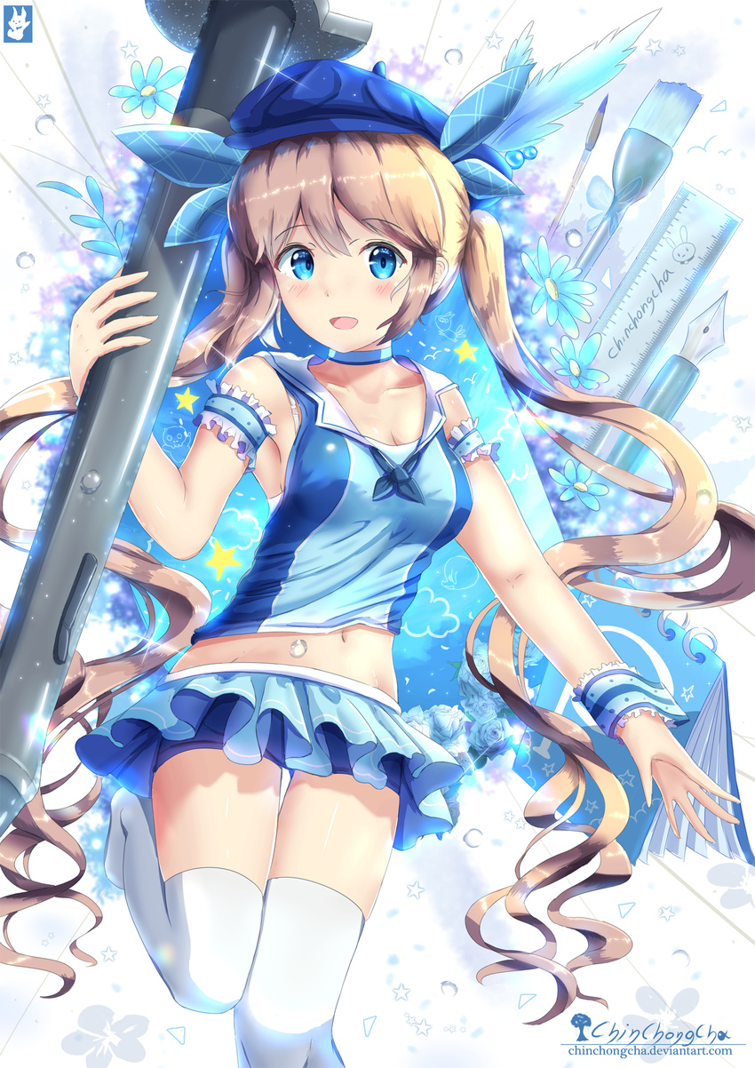 :d armband artist_name blue_eyes blue_hat blue_neckwear blue_skirt breasts brown_hair chinchongcha cleavage flower hat highres long_hair looking_at_viewer medium_breasts navel open_mouth paintbrush pixiv ruler skirt smile standing standing_on_one_leg star stylus thighhighs twintails very_long_hair watermark web_address white_legwear wrist_cuffs