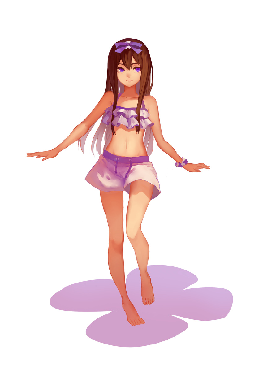 absurdres barefoot bikini bikini_shorts bow bracelet brown_hair frilled_bikini frills full_body hair_bow highres jewelry kurenai907 long_hair natsumurasaki_(kurenai907) original outstretched_wrists purple_bikini purple_bow purple_eyes shorts smile solo standing swimsuit white_background