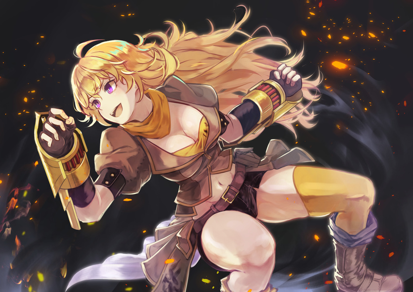 :d ahoge black_gloves black_shorts blonde_hair brat breasts brown_jacket buckle cleavage commentary ember_celica_(rwby) fingerless_gloves gauntlets gloves jacket large_breasts long_hair looking_away navel open_mouth orange_scarf puffy_short_sleeves puffy_sleeves purple_eyes rwby scarf short_sleeves shorts smile solo sparks strapless tubetop waist_cape yang_xiao_long