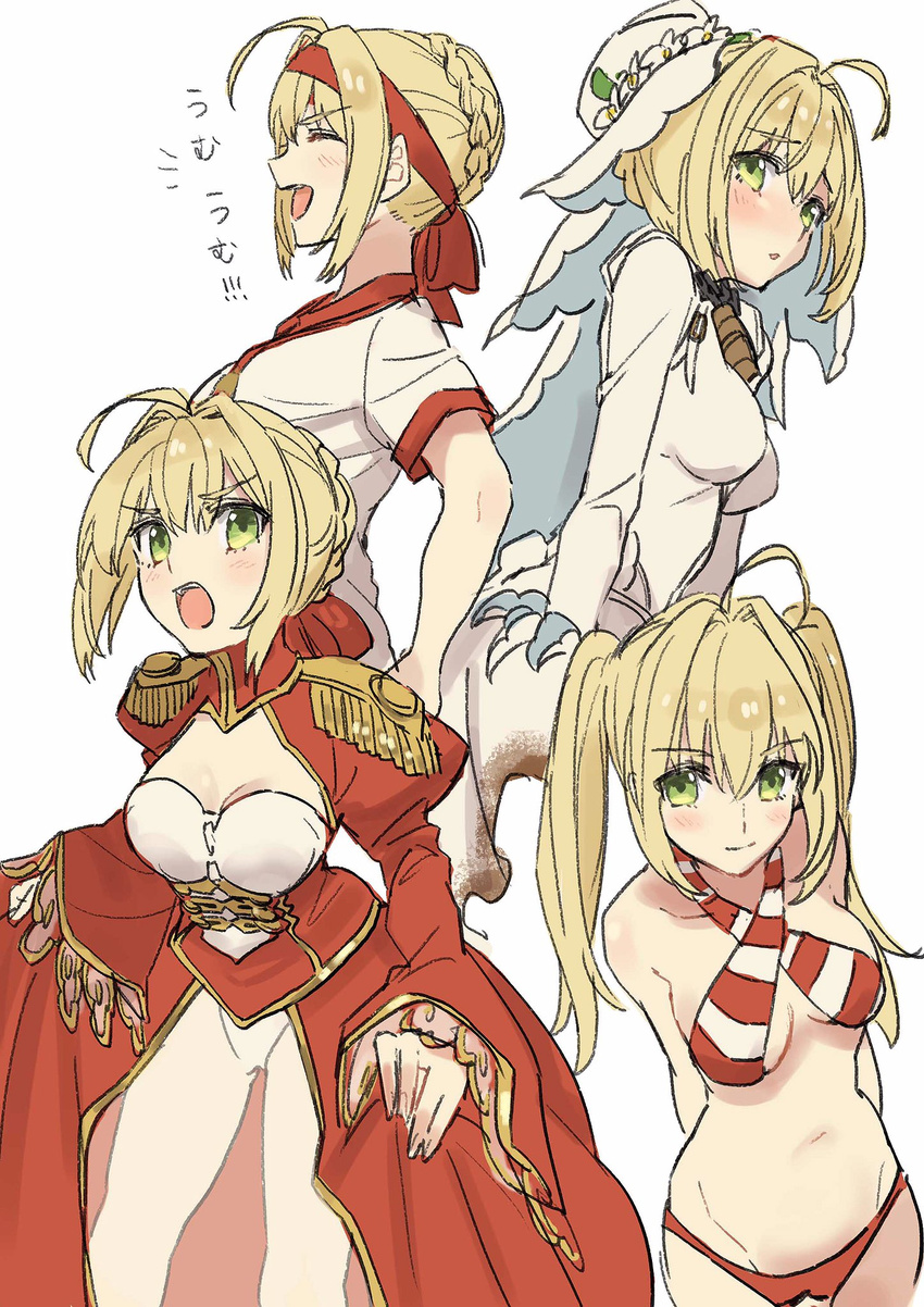 ahoge arms_behind_back bangs bare_shoulders bikini blonde_hair blush braid breasts bridal_veil chain_necklace check_commentary cleavage_cutout closed_eyes collarbone commentary commentary_request criss-cross_halter dress epaulettes eyebrows_visible_through_hair fate/extra fate/extra_ccc fate/grand_order fate_(series) french_braid green_eyes gym_shirt hair_bun hair_intakes hair_ribbon hairband halterneck hands_on_hips highres hips juliet_sleeves large_breasts laughing leotard lock long_hair long_sleeves looking_at_viewer looking_to_the_side medal multiple_persona navel nero_claudius_(bride)_(fate) nero_claudius_(fate) nero_claudius_(fate)_(all) nero_claudius_(swimsuit_caster)_(fate) open_mouth puffy_sleeves red_bikini red_dress red_hairband red_ribbon ribbon see-through shirt skirt skirt_lift smile striped striped_bikini swimsuit teshima_nari thighs twintails veil white_dress white_leotard wide_sleeves