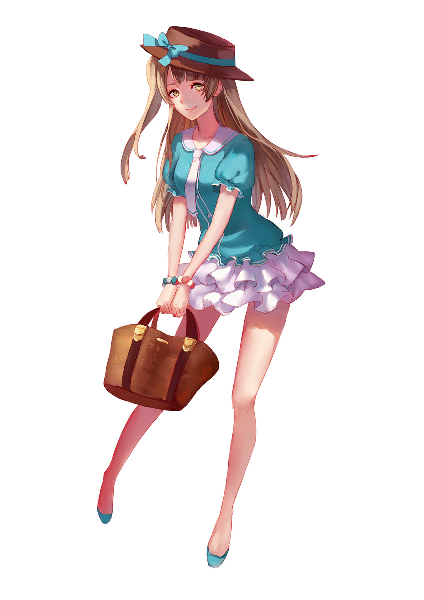 absurdres bag blue_shirt brown_eyes brown_hair full_body handbag highres kurenai907 layered_skirt long_hair looking_at_viewer love_live! love_live!_school_idol_project minami_kotori necktie no_socks sailor_collar shirt short_sleeves simple_background skirt smile white_background white_neckwear white_skirt