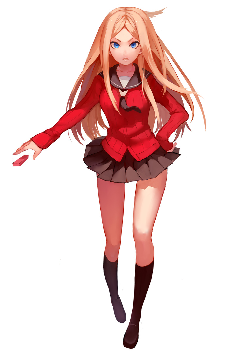 black_legwear black_skirt blonde_hair blue_eyes brown_hair hand_on_hip highres kneehighs konami_kirie kurenai907 long_hair looking_at_viewer miniskirt open_mouth pleated_skirt ribbed_shirt school_uniform serafuku shirt simple_background skirt solo white_background world_trigger