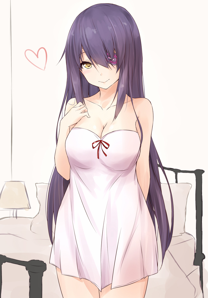 alternate_hair_length alternate_hairstyle arm_behind_back bare_shoulders bed bedroom breasts cleavage collarbone commentary dress eyepatch hair_over_one_eye hand_on_own_chest heart highres kantai_collection large_breasts long_hair looking_at_viewer nightgown purple_hair saku_(kudrove) smile solo spoken_heart tenryuu_(kantai_collection) upper_body white_dress yellow_eyes