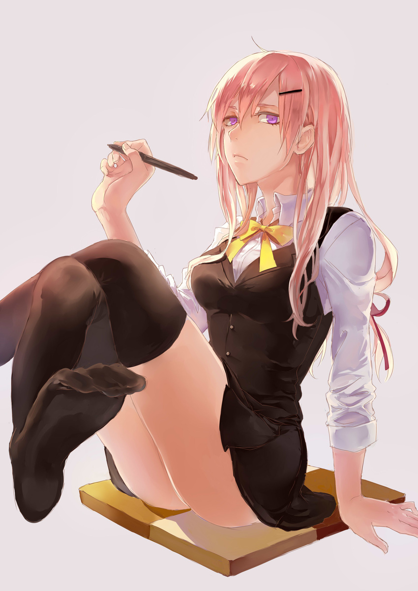 absurdres black_legwear bow bowtie frown grey_background hair_ornament hairclip highres kurenai907 long_hair looking_at_viewer original pink_hair purple_eyes school_uniform simple_background sitting solo thighhighs yellow_bow yellow_neckwear